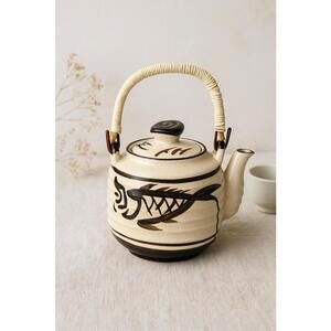 Japan 1970s Ribbed Stoneware Koi Fish Teapot Rustic Brushwork, 3.5x6”